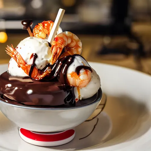 Prompt: dslr food photograph of an ice cream sundae with chocolate sauce and shrimps on top, 8 5 mm f 1. 4