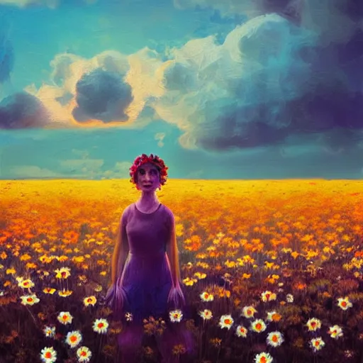 Image similar to girl with a full daisies head, surreal photography, flower field, sunset dramatic light, impressionist painting, colorful clouds, blue sky, digital painting, artstation, simon stalenhag