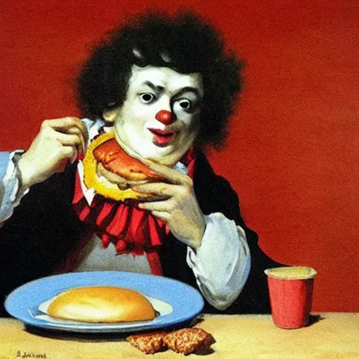 Image similar to ronald mcdonald eating a hamburger, painting by fransisco goya