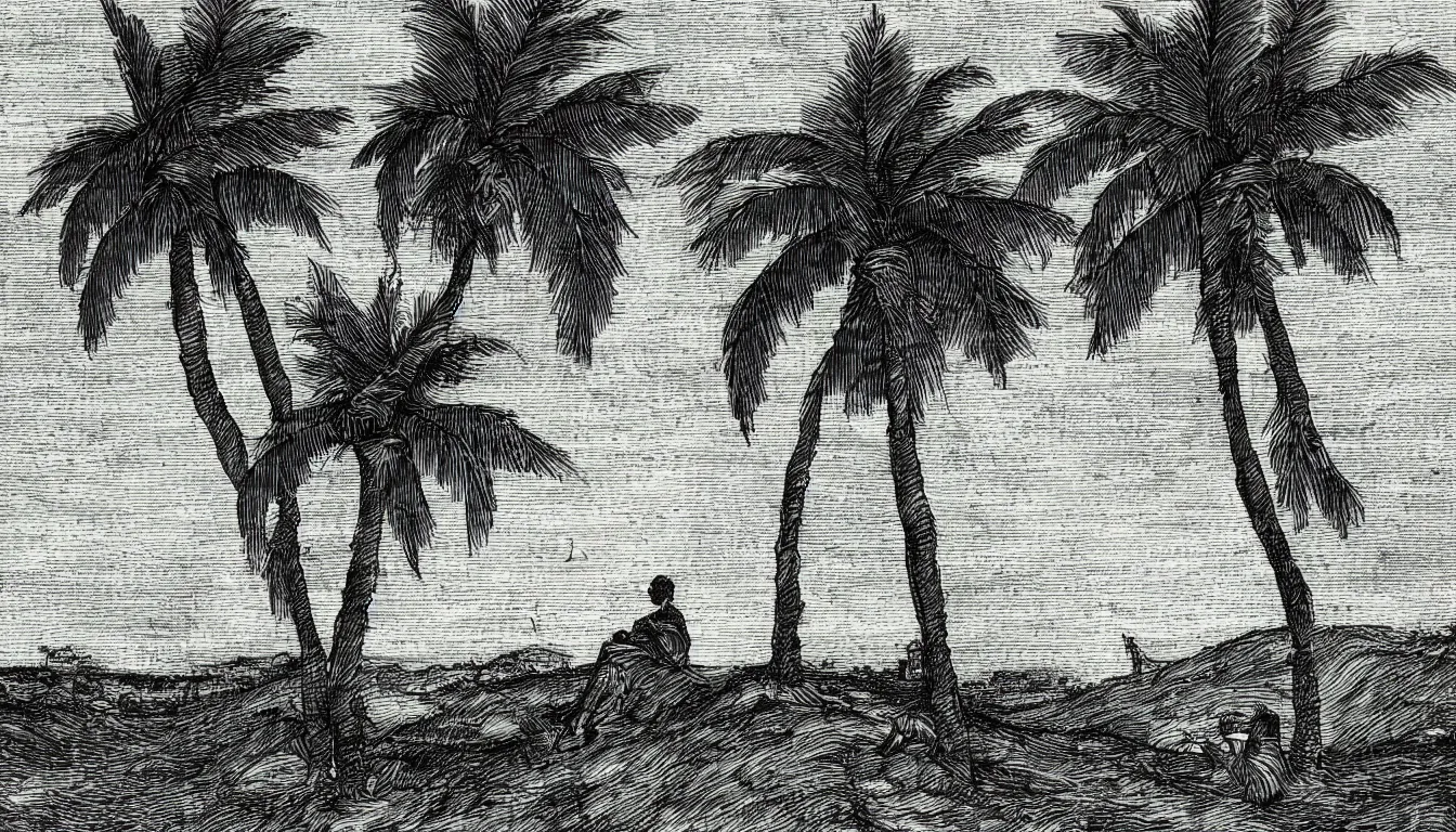 Image similar to a person sits on a large hill while wind blows the palm trees, pen and ink, 1 5 0 0 s, 8 k resolution