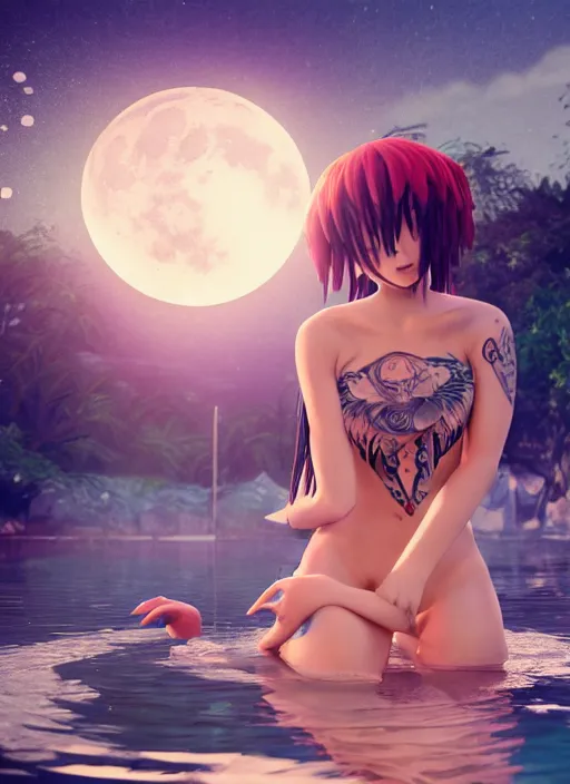 Prompt: beautiful water spirit girl, sacred tattoos, playing in a lagoon, magical moon shines overhead, cinematic shot in the style of anime, cinematic lighting, hyperdetailed, 8 k realistic, symmetrical, global illumination, mysterious light,, cryengine 5, dof, trending on artstation, trending on deviant art, digital art, chanel