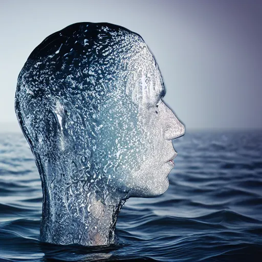 Image similar to water artwork manipulation in the shape of a human head, on the ocean water, ray tracing, realistic water sharp focus, long shot, 8 k resolution, cinematic, amazing water art