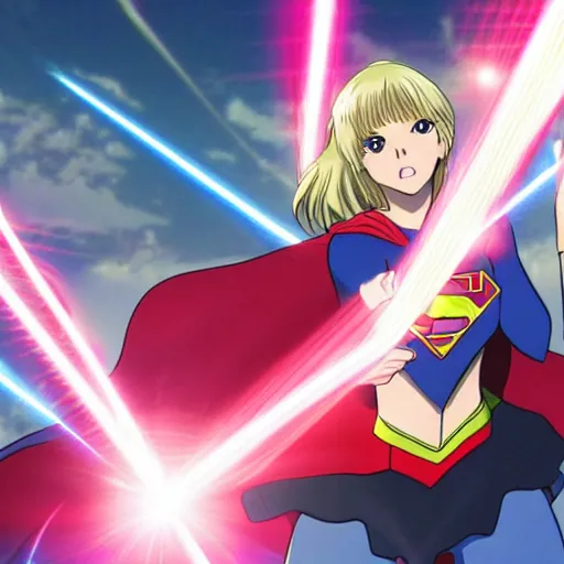 Prompt: anime visual of supergirl shooting laserbeams from her eyes