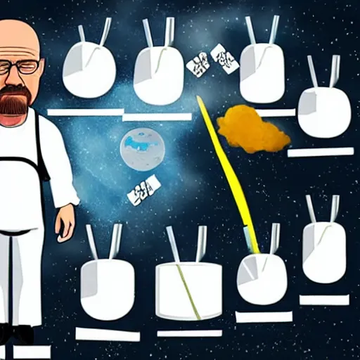 Image similar to Walter White on the moon, with test tubes and beakers filled with various liquids