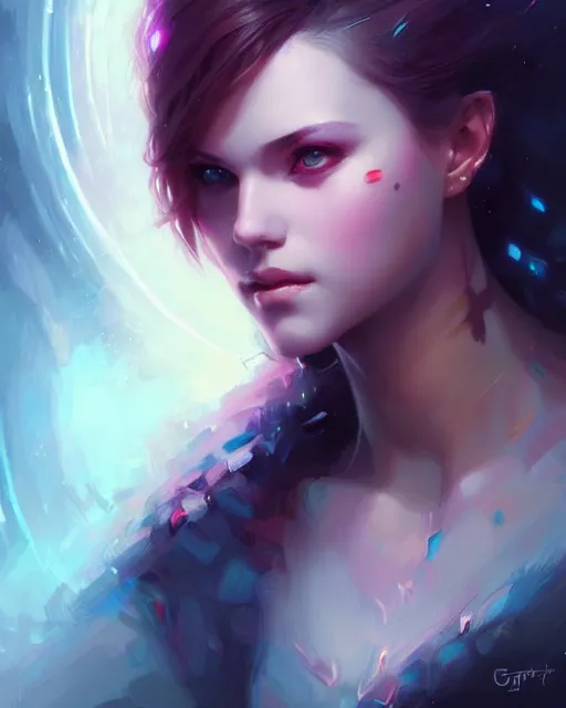 Image similar to beautiful girl portrait by greg rutkowski and charlie bowater, vivid, artgerm, aesthetic, fine details, colorful swirls, gaudy colors, luminescent, organic matte painting, realistic eyes, masterpiece, busy background, bokeh, depth of field