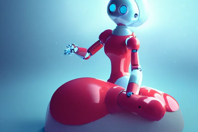 Prompt: a cute robot girl sitting on a cloud relaxing, red lighting, mist, blender render,