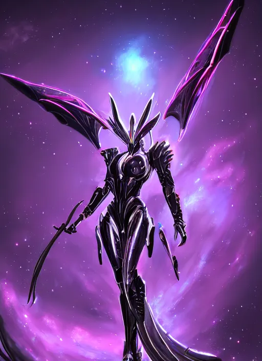 Image similar to cinematic full body, cosmic sized beautiful stunning giant robot mechan hot female dragon goddess, sharp sleek cyborg dragon head, sharp metal ears, smooth purple eyes, smooth fuschia skin, smooth silver armor, nebula, epic proportions, epic scale, macro furry, furry art, dragon art, goddess art, giantess art, warframe, warframe fanart, furaffinity, octane