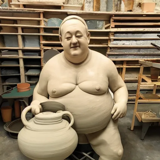 Prompt: johnny vegas sitting making a very large clay teapot, art school, studio, wet clay, ceramics, pottery wheel, Michael Joseph Pennington, photorealistic