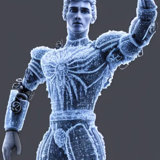 Image similar to twitch streamer / gamer ludwig, frozen ice statue, blank stare, a realistic detailed photo of a guy who is an attractive humanoid who is half robot and half humanoid, by the pool, posing like a statue, showing off his muscles, made of ice, shiny skin, on display, who is a male android, humanoid robot