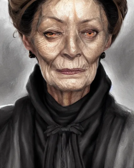 Prompt: portrait 6 0 - year - old woman, tall, severe - looking, with dark hair tied up in a bun, mcgonagall, wearing in black clothes, yper realistic face, beautiful eyes, character art, art by mark brooks, hyperdetailed, cryengine, trending on artstation, digital art
