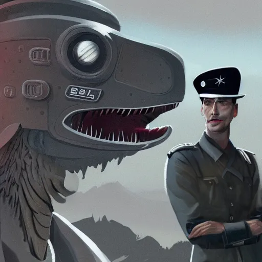 Image similar to a detailed matte painting of a retrofututist borg velociraptor wearing a beret, in nazi occupied france, french resistance, 8 k, artstation, art in a noir crime novel style