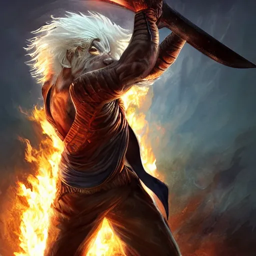 Prompt: Lionman with white hair walking away from a burning city, full body art, wielding a longsword with blue gemstones lining the blade, Painted By Aleksi Briclot, Dim Lighting