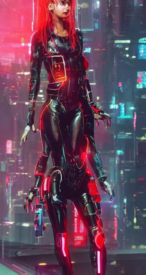 Prompt: An epic comic hyperrealistic full body shot portrait illustration of a cyber warrrior girl wearing futuristic wardrobe, black and reddis, ultradetailed face expression trending on artstation and artbreeder, cyberpunk 2077 color, heavy rainning at tokyo night, neon light rooftop, unreal 5, DAZ, 8k, unreal 5 engine render, cosplay, RPG portrait, final fantasy Vll world concept, dramatic lighting, rim lights, PS5 render quality