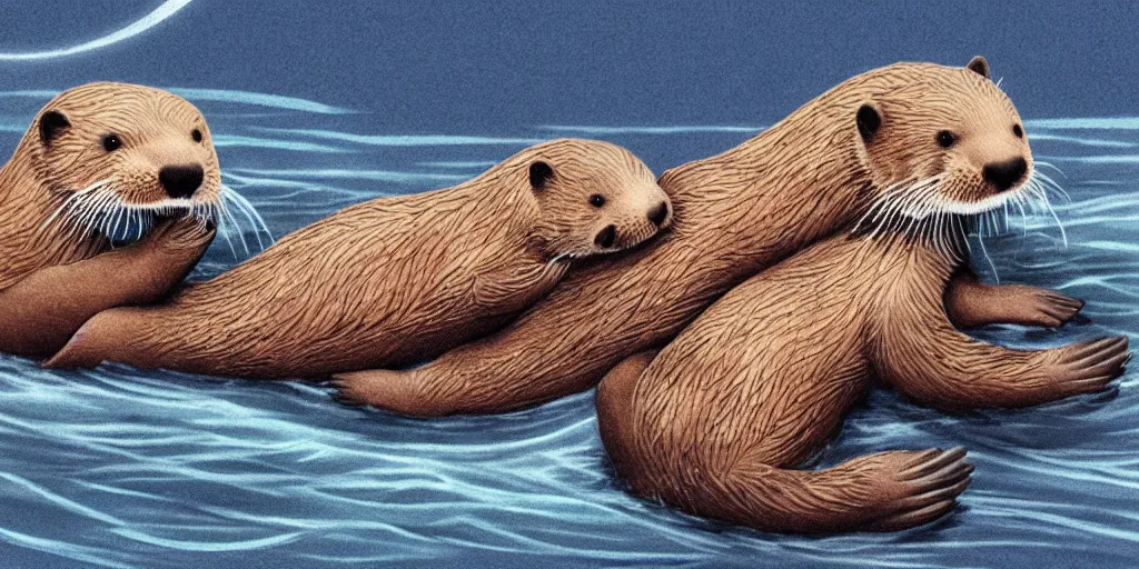 Image similar to otters hold hands while they sleep so nobody will drift away to the sea during the stormy night , fantasy illustration, cinematic, award winning, romantic, detailed trending on art station masterpiece