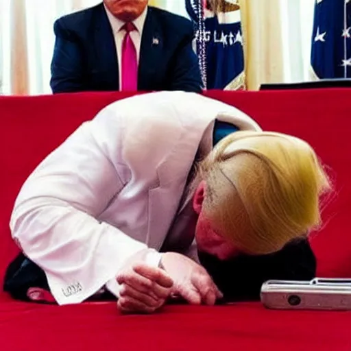 Prompt: Donald Trump crying because he dropped his mobile phone on the floor. YOU CAN SEE HIS PHONE ON THE FLOOR.