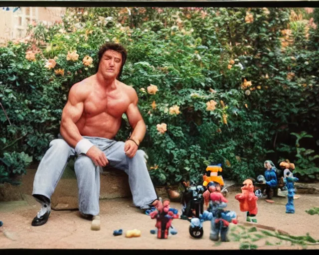 Prompt: 8 5 mm film photography of sylvester stallone!! playing with toys!! near a garden with dof and bokeh