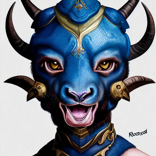 Image similar to illustrated realistic portrait female ram-horned kobold with asymmetric short haircut blue hair with dark eyes wearing strap leather armor by rossdraws