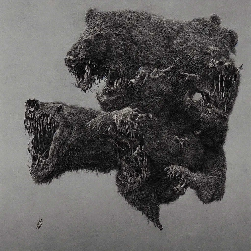 Image similar to horrifying bear creature, fangs, style of zdislaw beksinski