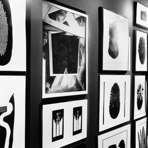 Prompt: A black and white photography in sérigraphie of an exhibition space with works of Sun Ra, Marcel Duchamp and tropical plants - W 1280