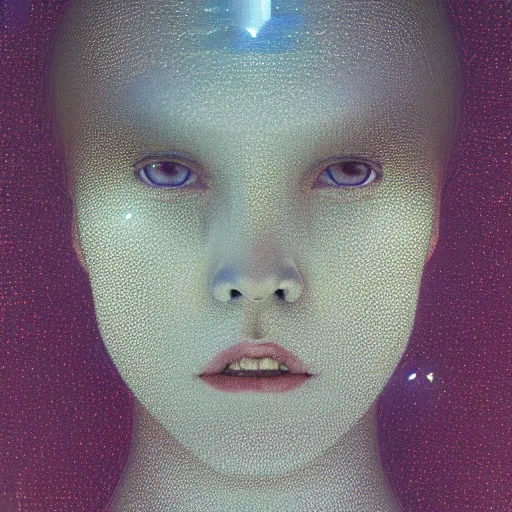 Image similar to Woman's portrait, crystals, flat background, glowing, wires everywhere, by Edgar Maxence and Ross Tran, Zdzisław Beksiński, and Michael Whelan, distant, gustav dore, H.R. Giger, 8k, octane render