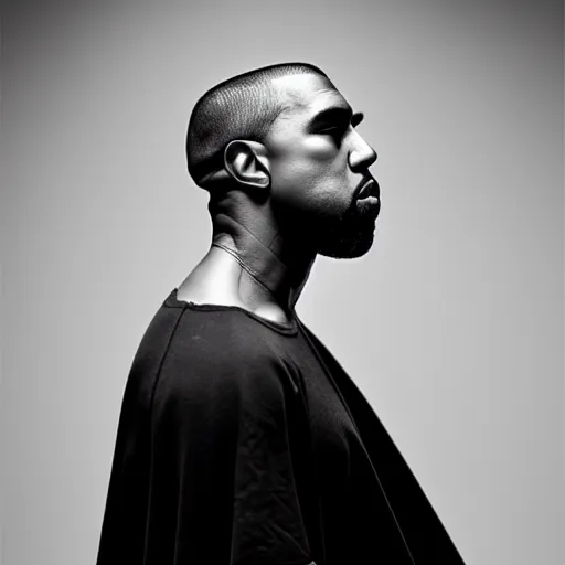 Image similar to a ( ( ( ( ( ( ( ( ( chiaroscuro lighting portrait ) ) ) ) ) ) ) ) ) ) of kanye west ( ( ( ( ( ( dressed as rick owens ) ) ) ) ) ), black background, portrait by julia margaret cameron, shallow depth of field, 8 0 mm, f 1. 8