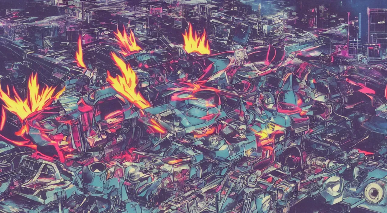 Image similar to 80s anime, dark neon city. laser gun battle on open space. futuristic cars lay in flames, destroyed robot dogs remains