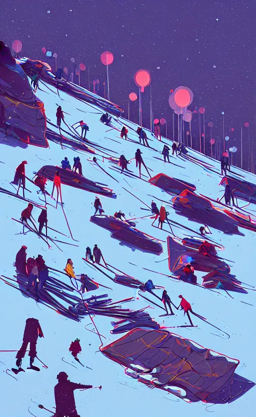 Image similar to by moebius and atey ghailan | the bottom of a ski slope with a huge pile of tangled up skiers |