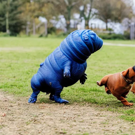 Image similar to A tardigrade and a daschund play together in a dog park