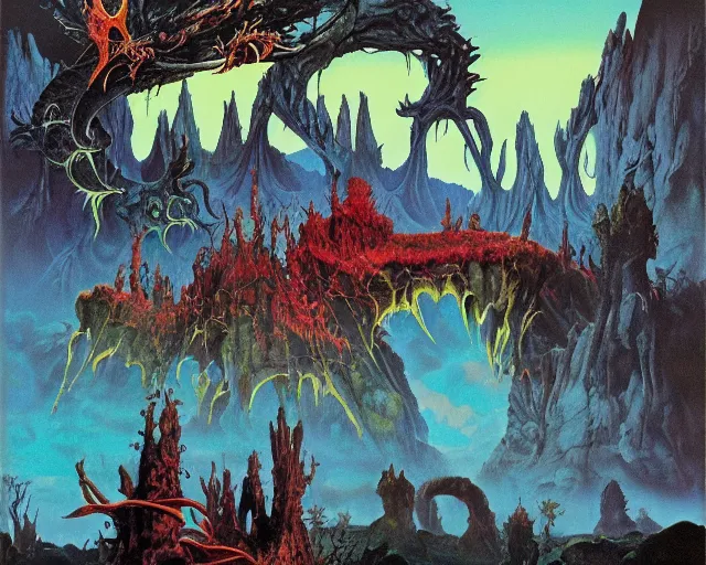 Image similar to roger dean 1 9 8 0 s heavy metal imagery satanic symbolism, illustration art, album art