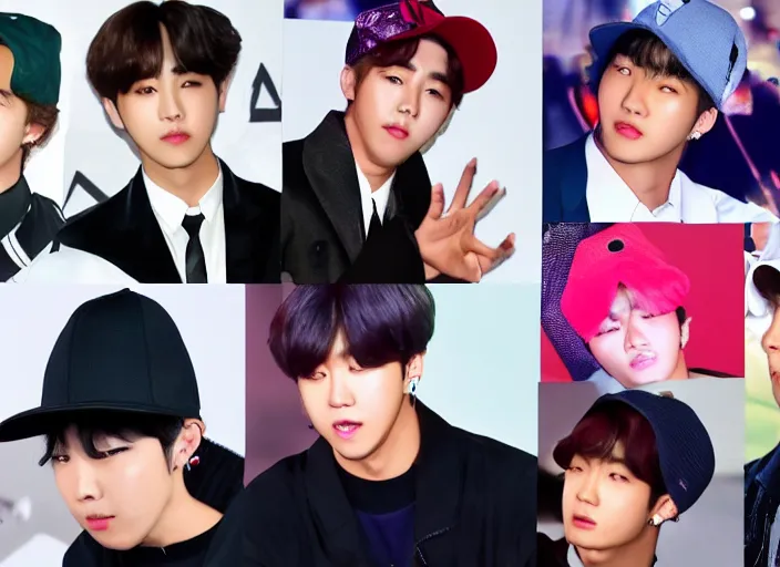 Prompt: all the bts boyband members using a hat, ultra detailed, cinematic composition, colorful, dramatic lighting