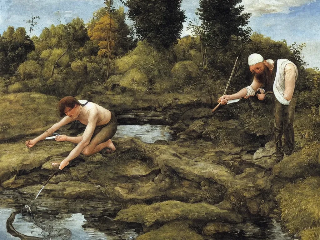 Image similar to Painter washing his brushes in a river in the afternoon. Painting by Lucas Cranach, Caspar David Friedrich, Lucian Freud.