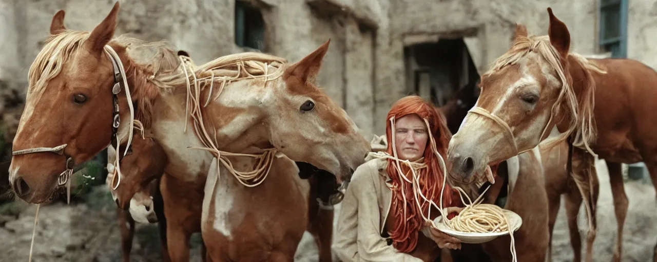 Image similar to horses eat spaghetti, world war 1, canon 5 0 mm, kodachrome, in the style of wes anderson, retro