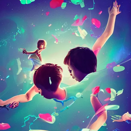 Image similar to two children silhouettes floating in opposition in zero gravity through spacetime in a loose tangle of retro console cables and controllers, flowing lines, dreamy atmosphere, surrounded by individual shimmering tiny flower petals and retro gaming collectibles, trending on artstation, hyper realistic, ross tran, WLOP