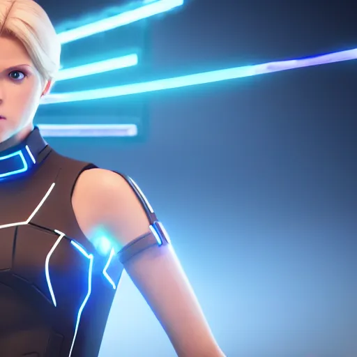 Image similar to Annie Leonhart in a Tron movie, octane render 8k, photorealistic render, atmospheric render, beautiful face, cute, realistic skin, beautiful eyes