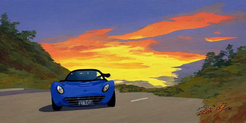 Prompt: blue lotus elise on a windy mountain road at sunset, art by studio ghibli