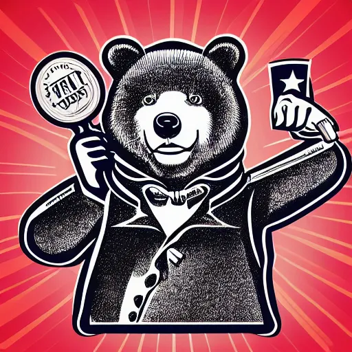 Image similar to Propaganda poster of a dictator bear, sticker, highly detailed, colorful, illustration, drama, smooth and clean vector curves, no jagged lines, vector art, smooth