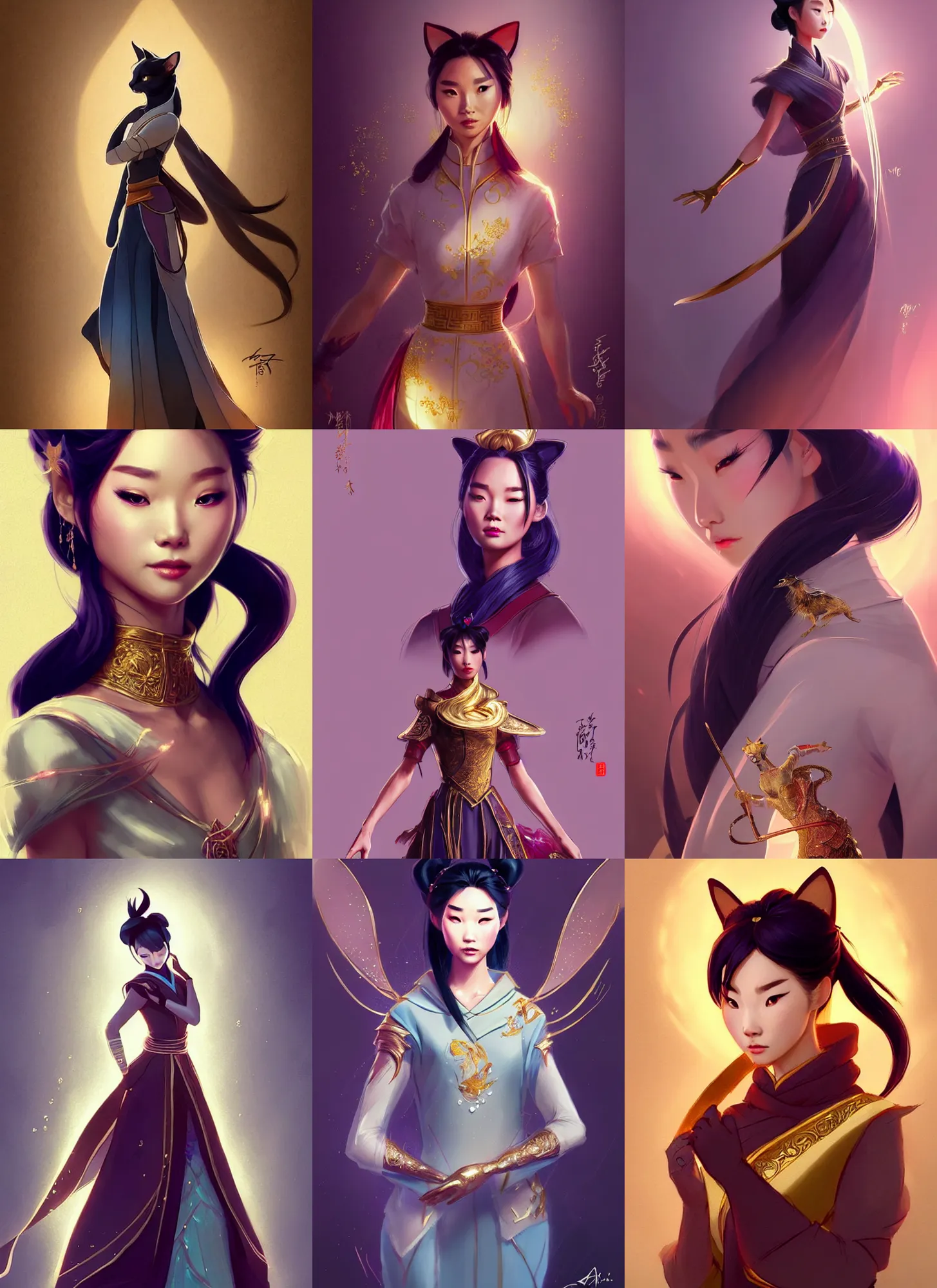 Prompt: fashion concept spot illustrations from a cats and mulan crossover, cosplay, by nixeu, by artgerm, by greg rutkowski, iridescent and gold and crystal, fullbody, intricate jewelry, god rays, hyper detailed, character concept, glowing particulate, intricate, elegant, digital painting, artstation, smooth, sharp focus.