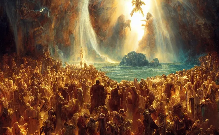 Image similar to alvah angelrune water portal to hell located in heaven, crowd of people, rule of thirds, 4 k, dark bright effect, highly detailed painting by gaston bussiere, craig mullins, j. c. leyendecker, michelangelo