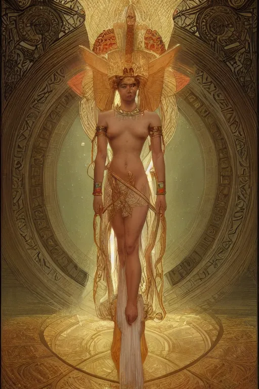 Image similar to a full body portrait of a beautiful ethereal delicate egyptian mage queen meditative sacral pose catholic stages of the cross, intricate, elegant, highly detailed, digital painting, artstation, concept art, smooth, sharp focus, illustration, art by krenz cushart and artem demura and alphonse mucha