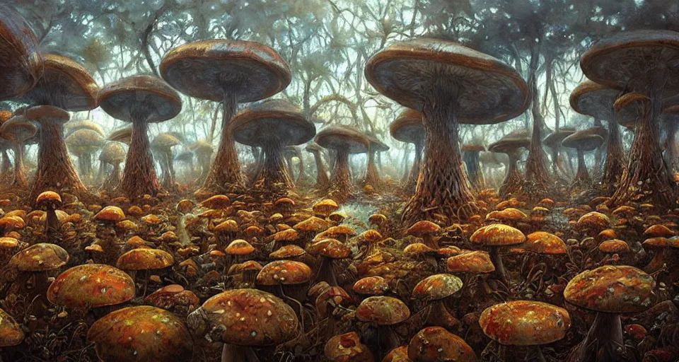 Image similar to A tribal village in a forest of giant mushrooms, by Karol Bak, by Gainax Co,