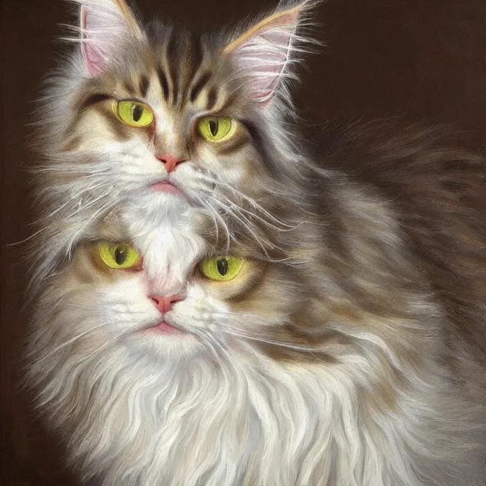 Prompt: A realistic renaissance oil painting of a Maine Coon cat, bi-colored with white and ginger fur, pale yellow eyes, portrait