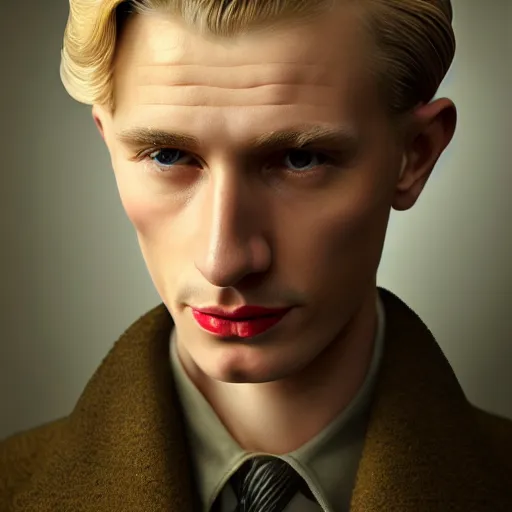 Image similar to A Hearts of Iron IV portrait of a blond young German actor with high cheekbones. Good bone structure. Dressed in 1940s style. Highly detailed, fine Art, high detail, great lighting, 8k resolution, masterpiece, concept art, illustration, clear eyes, painting oil on canvas, octane render, HDR, trending on artstation, 4k, 8k, HD