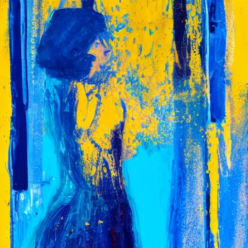 Image similar to an abstract painting of a girl looking away from you, with dark blue and muddy yellow colors and a blue background