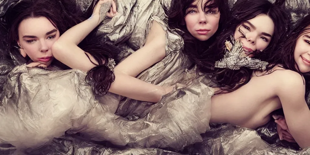 Prompt: stunning photo of dark - haired goddesses vanessa kirby, hailee steinfeld, and bjork smiling, intertwined, laying back on pillows, with wet faces, wet lips, perfect eyes, insanely detailed, elegant, by rutkowski, livia prima, mucha, wlop,