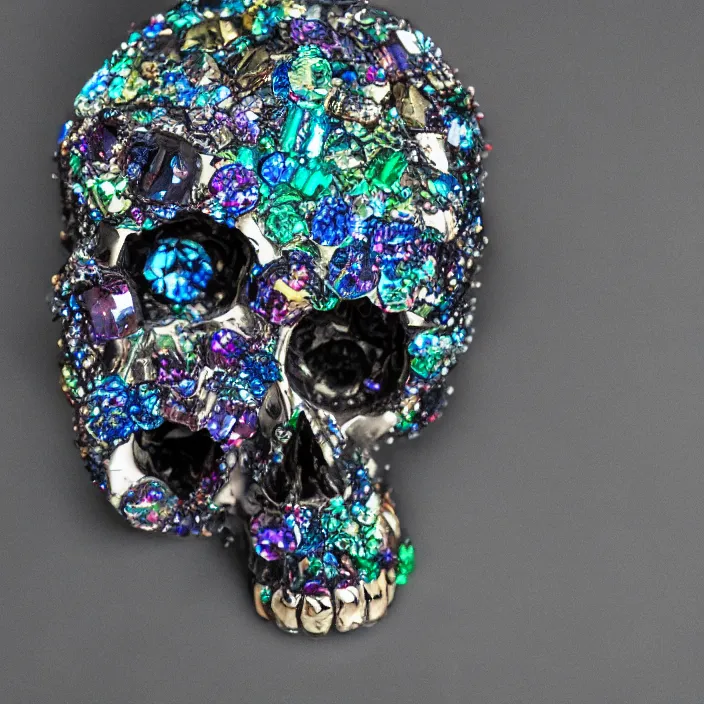 Image similar to jewelry skull made of prismatic crystals, dark background, studio shot