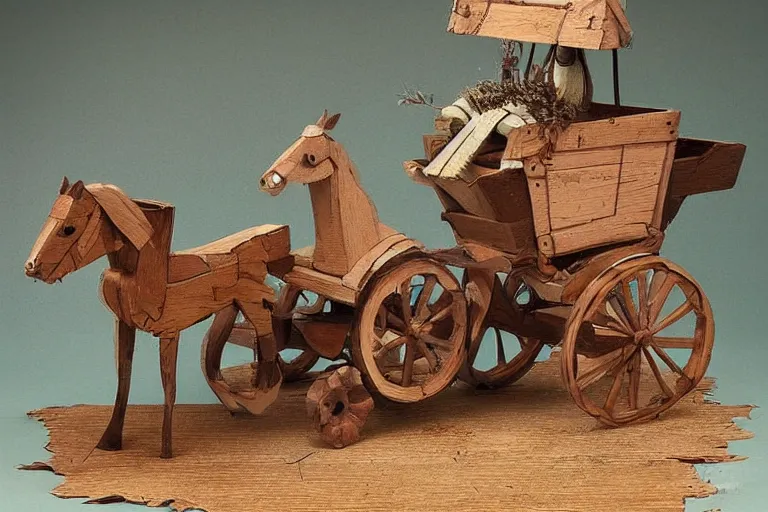 Image similar to a wooden toy horse pulling a wooden carriage, a storybook illustration by betye saar, pinterest contest winner, ecological art, made of cardboard, made of trash, ray tracing