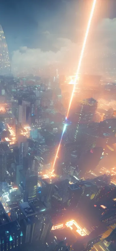 Image similar to unreal engine 5 render of a city with lasers coming out of the clouds, digital art ”