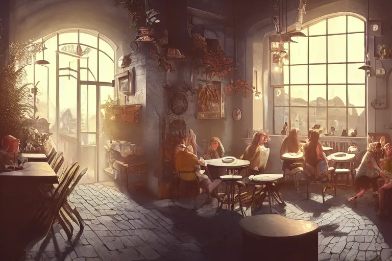 Image similar to a storybook illustration of inside a coffee shop, hyper realistic, ambient lighting, concept art, intricate, hyper detailed, smooth, dynamic volumetric lighting, octane, raytrace, cinematic, high quality, high resolution, 4 k