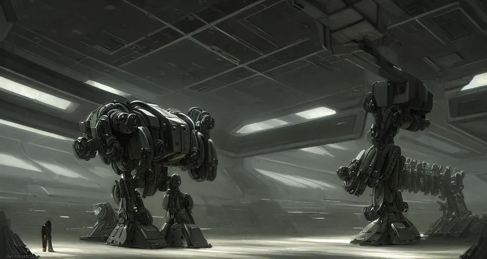 Image similar to hyper realistic sci - fi matte concept art painting of a mecha in a starship hanger, beautiful details, strong composition painted by kim jung guweta studio rutkowski, james gurney and greg rutkowski, and lucasfilm, smooth, intricate, detailed, sharp focus, cinematic