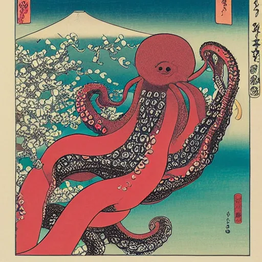 Image similar to octopus, mt fuji, cherry blossoms, big wave, ukiyo-e by Utagawa Kuniyoshi